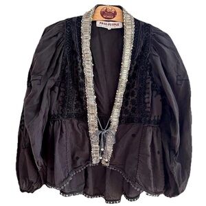 Free People Jasmine Embroidered Beaded Tassel Tie Black Jacket Size Small